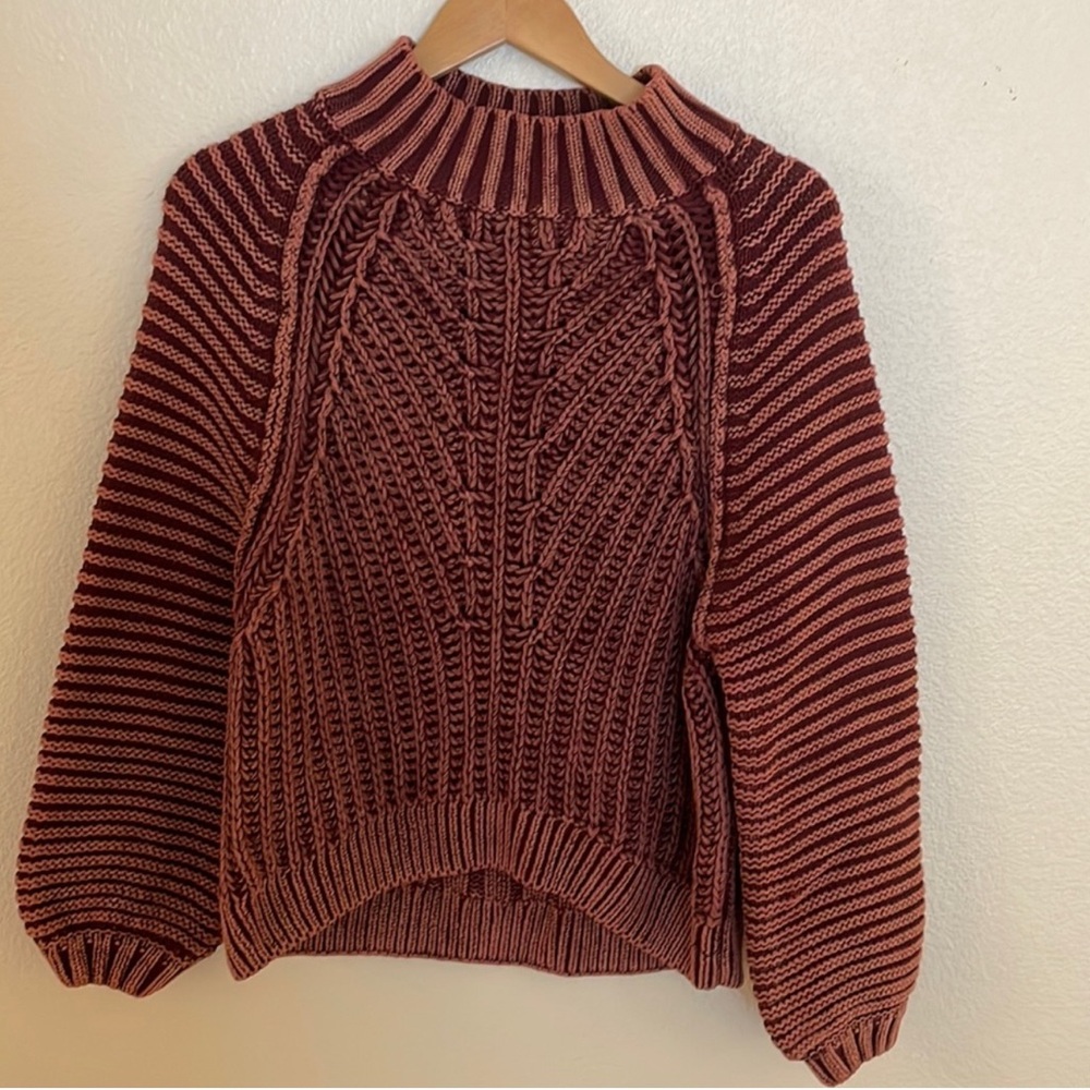 Free People Berry/Burgandy Long Sleeve Mock Neck Chunky Sweater 100% Cotton